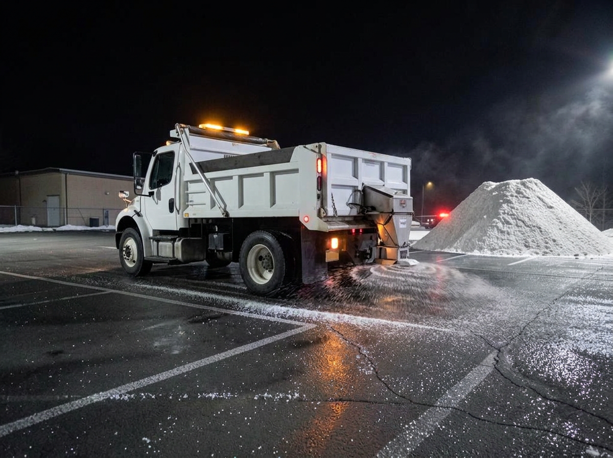 Salt spreader treating a cleared commercial lot