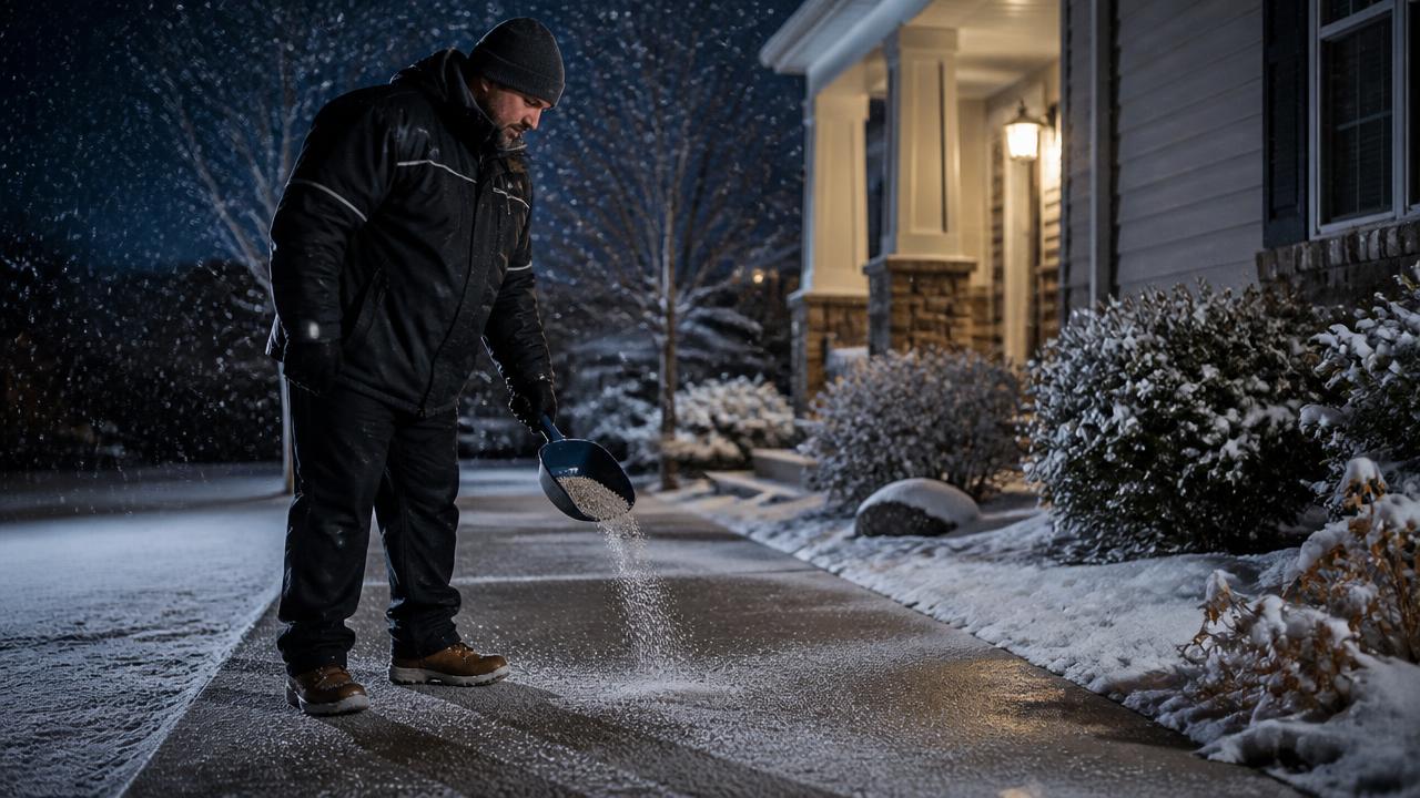 Ice melt spread on a residential walkway