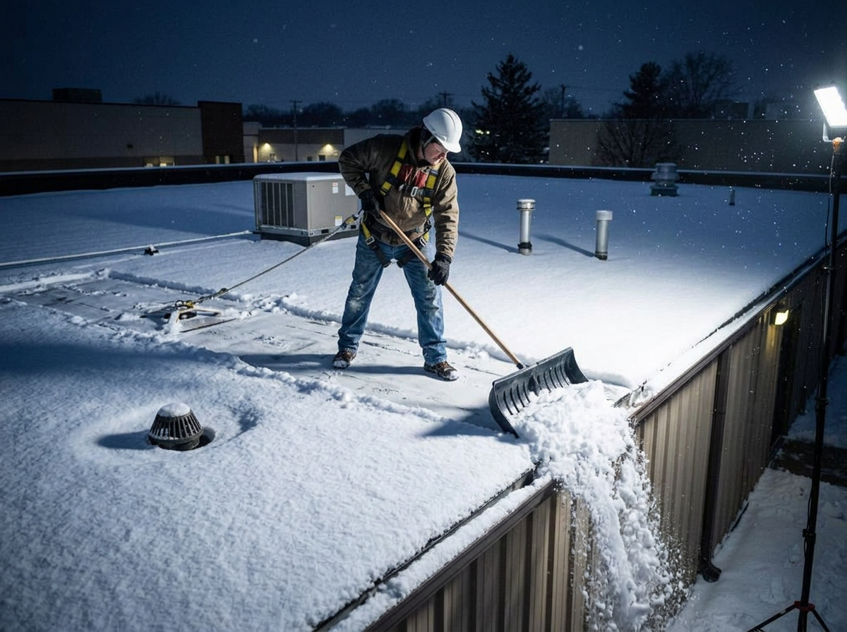 Roof snow clearing on a flat commercial roof